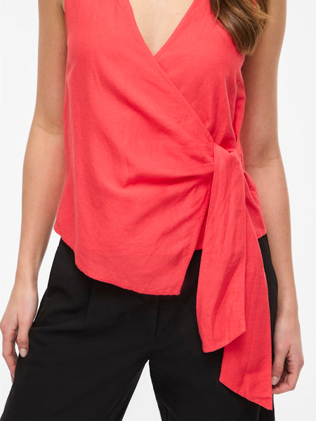 VERO MODA Linen Blend Sleeveless Knot Top in Red