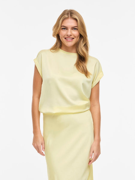VILA Short Sleeve Satin Look Top in Yellow