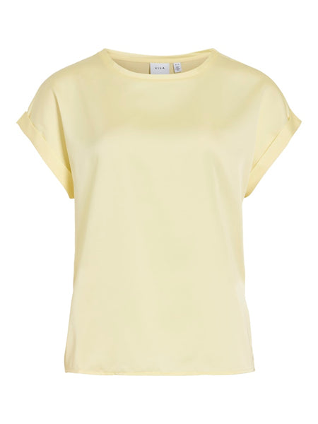 VILA Short Sleeve Satin Look Top in Yellow