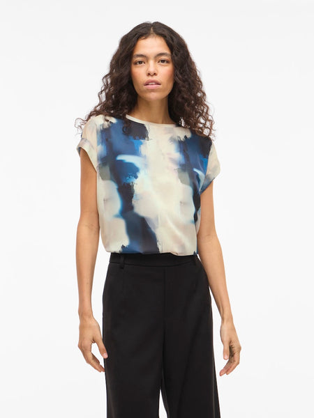 VILA Tie Dye Short Sleeve Satin Look Top in Beige