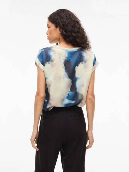 VILA Tie Dye Short Sleeve Satin Look Top in Beige