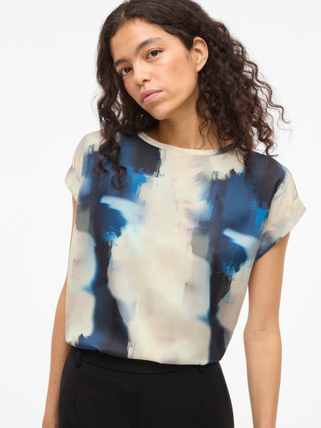 VILA Tie Dye Short Sleeve Satin Look Top in Beige