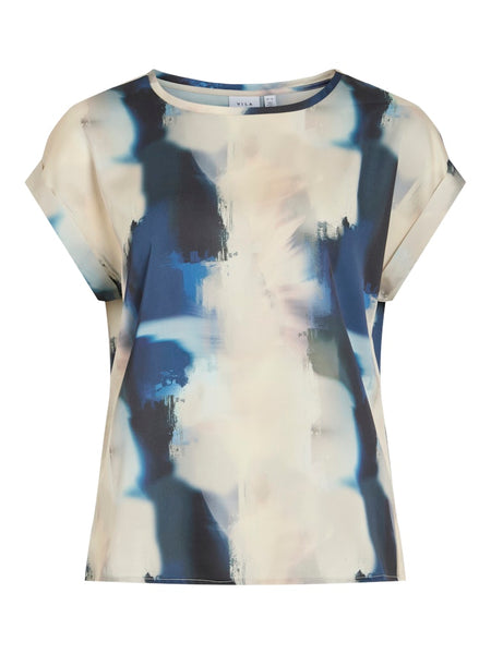 VILA Tie Dye Short Sleeve Satin Look Top in Beige