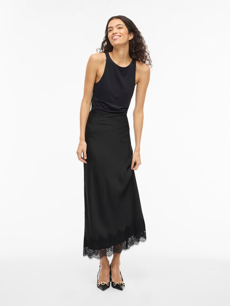 VILA Satin Look Skirt With Lace Detail in Black