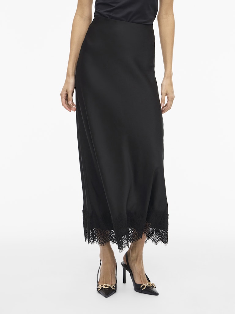 VILA Satin Look Skirt With Lace Detail in Black