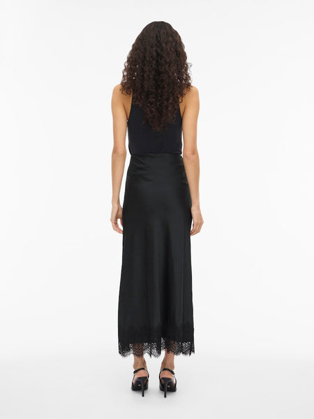 VILA Satin Look Skirt With Lace Detail in Black