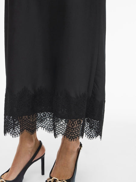 VILA Satin Look Skirt With Lace Detail in Black