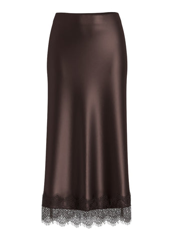 VILA Satin Look Skirt With Lace Detail in Brown