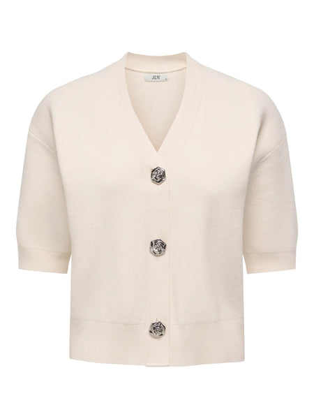 JDY Short Sleeve V-Neck Button Cardigan in Cream
