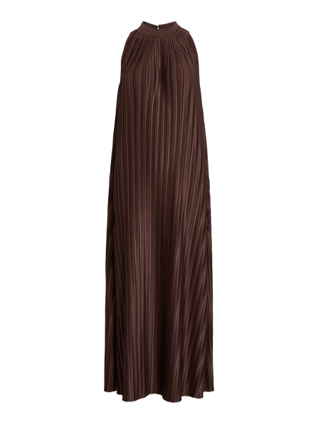 VILA High Neck Pleated Ankle Dress in Chocolate