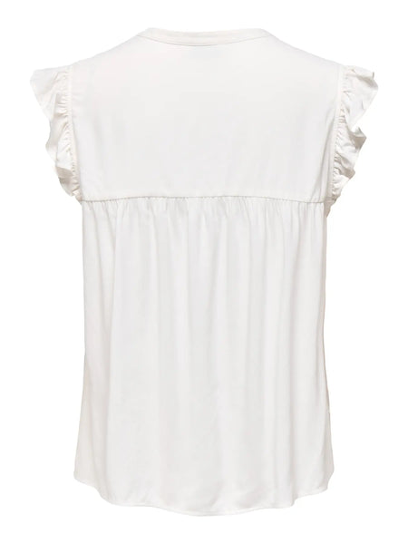 ONLY Blue Embroidered Short Frill Sleeve Top in White