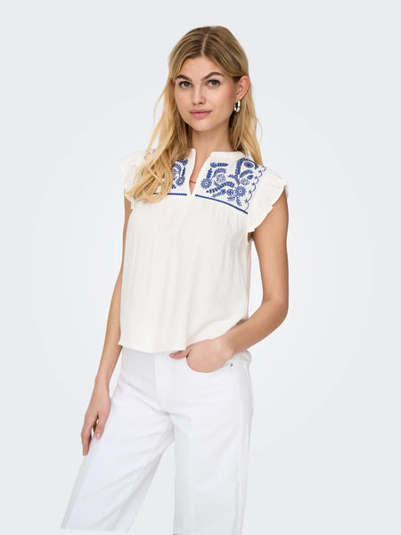 ONLY Blue Embroidered Short Frill Sleeve Top in White