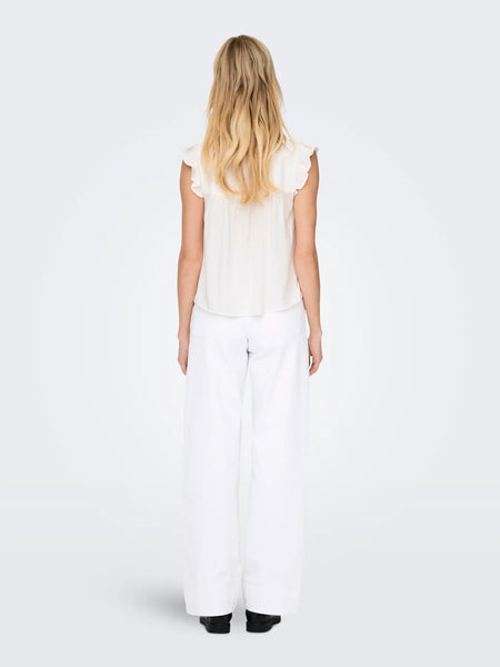 ONLY Blue Embroidered Short Frill Sleeve Top in White