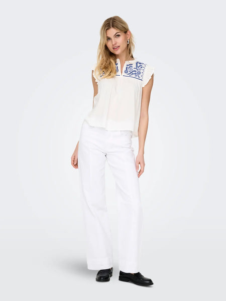ONLY Blue Embroidered Short Frill Sleeve Top in White