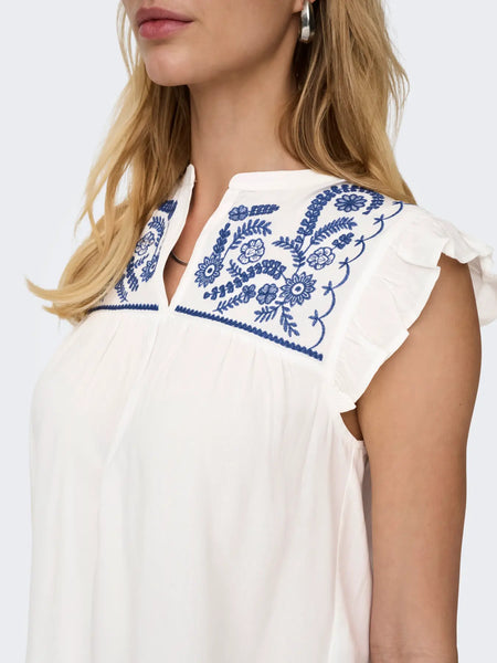 ONLY Blue Embroidered Short Frill Sleeve Top in White