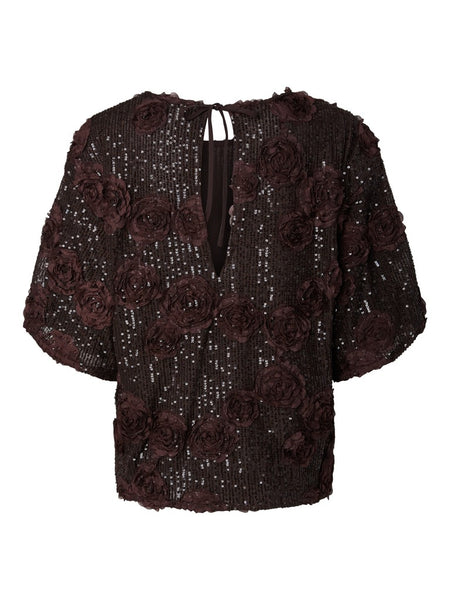 Y.A.S Floral Sequin Short Sleeve Top in Brown