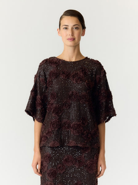 Y.A.S Floral Sequin Short Sleeve Top in Brown