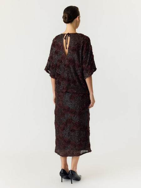 Y.A.S Floral Sequin Short Sleeve Top in Brown