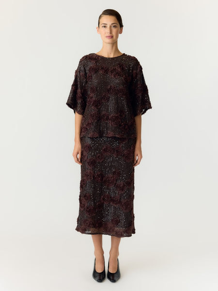 Y.A.S Floral Sequin Short Sleeve Top in Brown