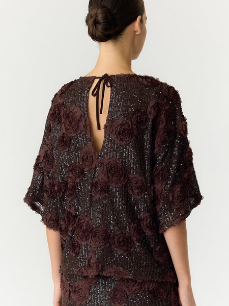 Y.A.S Floral Sequin Short Sleeve Top in Brown