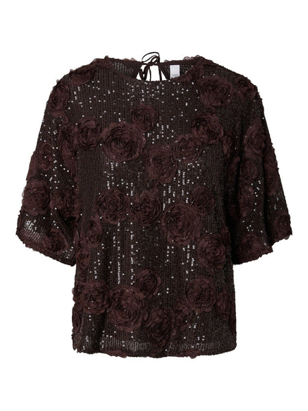 Y.A.S Floral Sequin Short Sleeve Top in Brown