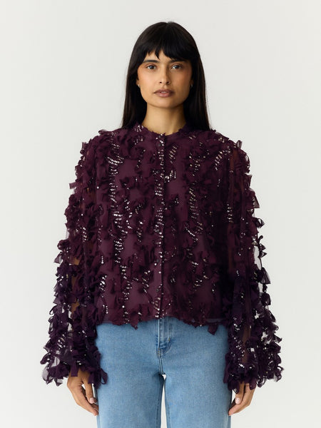 Y.A.S Long Sleeve Sequin Frill Shirt in Purple
