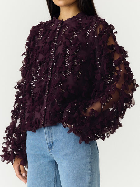 Y.A.S Long Sleeve Sequin Frill Shirt in Purple