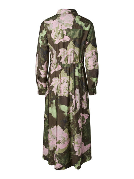 Y.A.S Long Floral Shirt Dress in Green