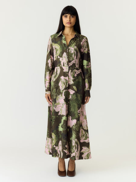 Y.A.S Long Floral Shirt Dress in Green
