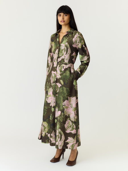 Y.A.S Long Floral Shirt Dress in Green