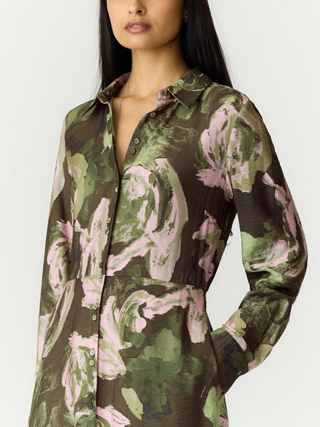 Y.A.S Long Floral Shirt Dress in Green