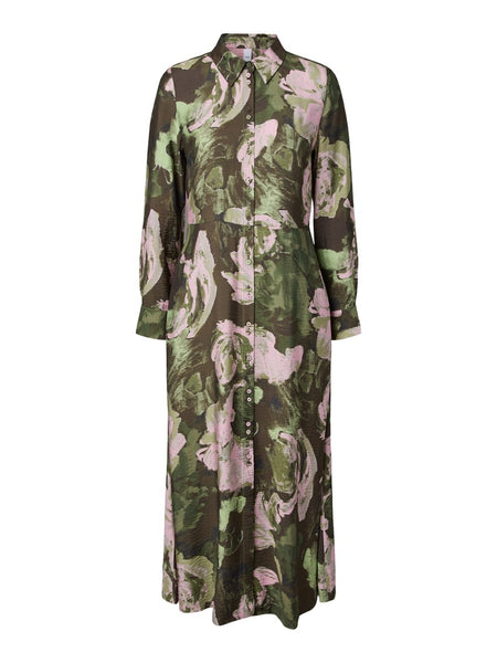 Y.A.S Long Floral Shirt Dress in Green
