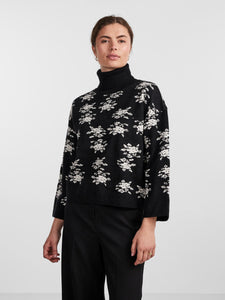 Y.A.S Floral Roll Neck Knit Pullover in Black