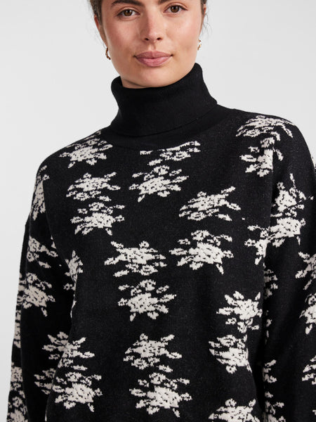 Y.A.S Floral Roll Neck Knit Pullover in Black