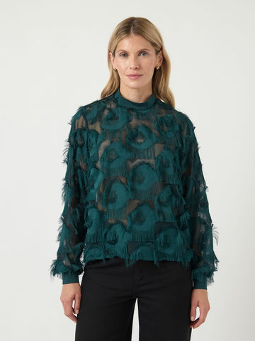 Y.A.S High Neck Fringe Top in Green