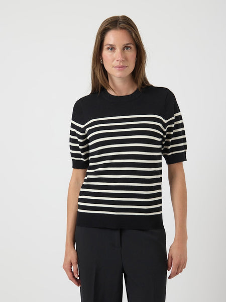 Y.A.S Striped Short Sleeve Knit Top in Black