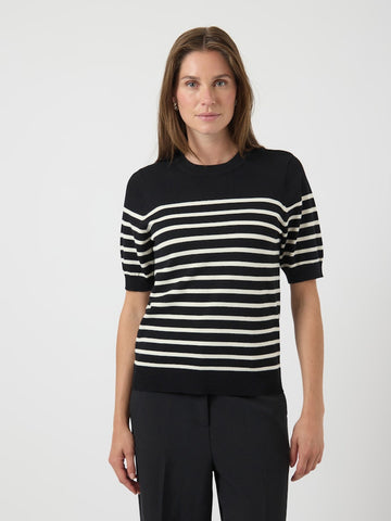 Y.A.S Striped Short Sleeve Knit Top in Black