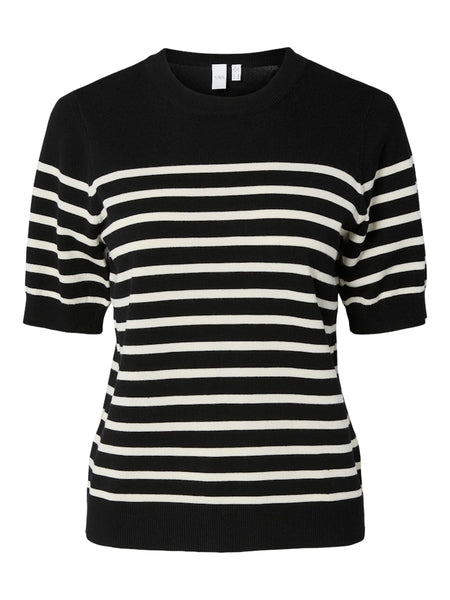 Y.A.S Striped Short Sleeve Knit Top in Black