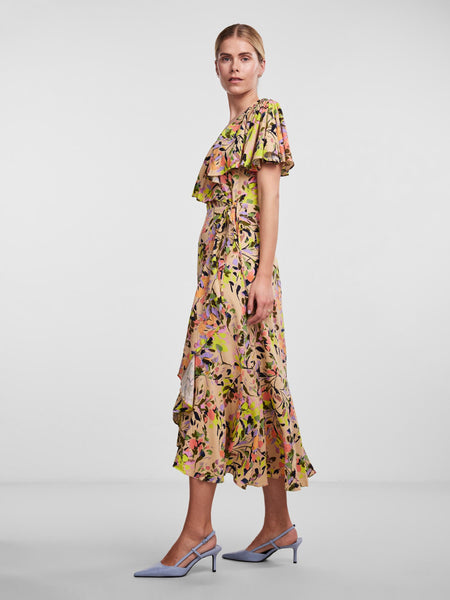 Y.A.S Floral Long Wrap Dress in Sand