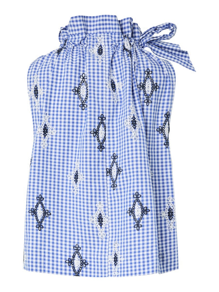 Y.A.S Embroidered Detail Checked Sleeveless Top in Blue