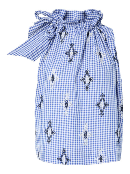 Y.A.S Embroidered Detail Checked Sleeveless Top in Blue