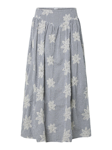 Y.A.S Checked Embroidered Floral Maxi Skirt in Black