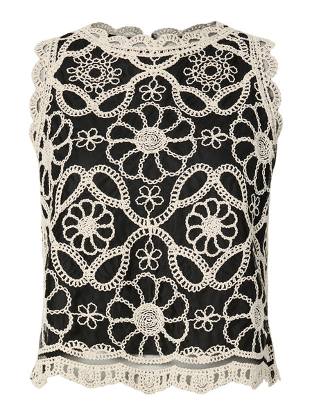 Y.A.S Floral Sleeveless Crochet Detail Top in Black