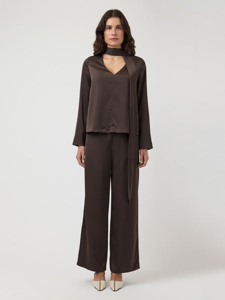 Y.A.S Satin Look Wide Leg Trousers in Chocolate