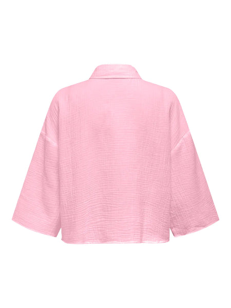 JDY Cropped 3/4 Sleeve Cotton Shirt in Pink