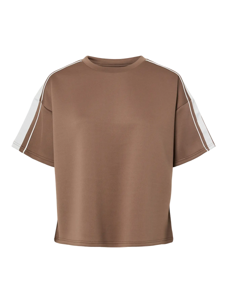 PIECES Oversized Side Stripe Short Sleeve Top in Brown
