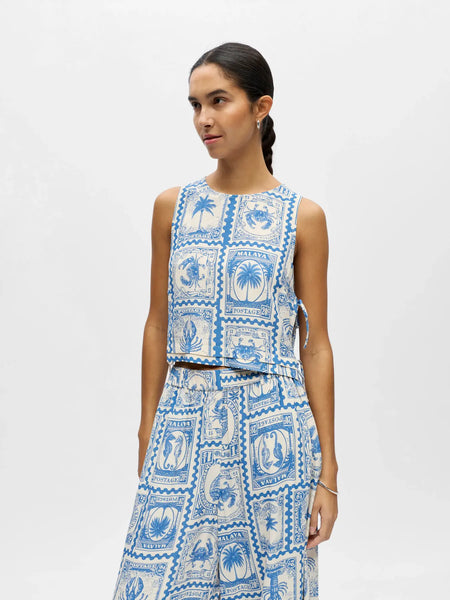 OBJECT Patterned Sleeveless Side Tie Cropped Top in Blue