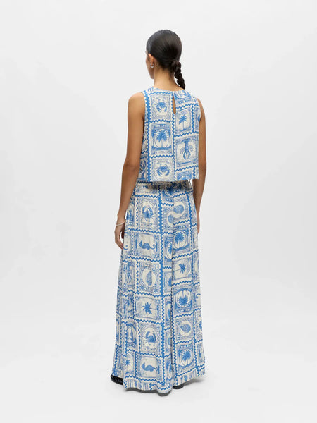 OBJECT Patterned Sleeveless Side Tie Cropped Top in Blue