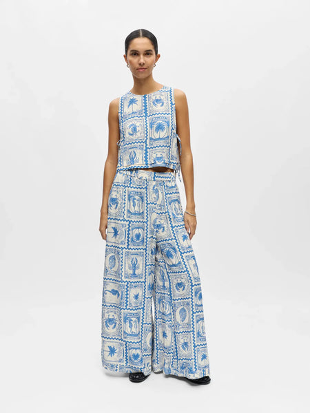OBJECT Patterned Sleeveless Side Tie Cropped Top in Blue