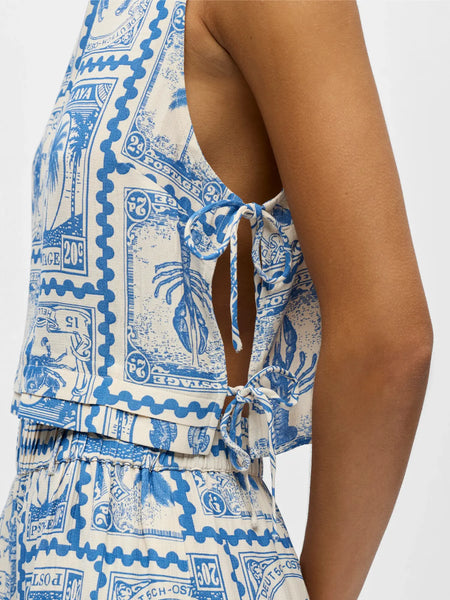 OBJECT Patterned Sleeveless Side Tie Cropped Top in Blue
